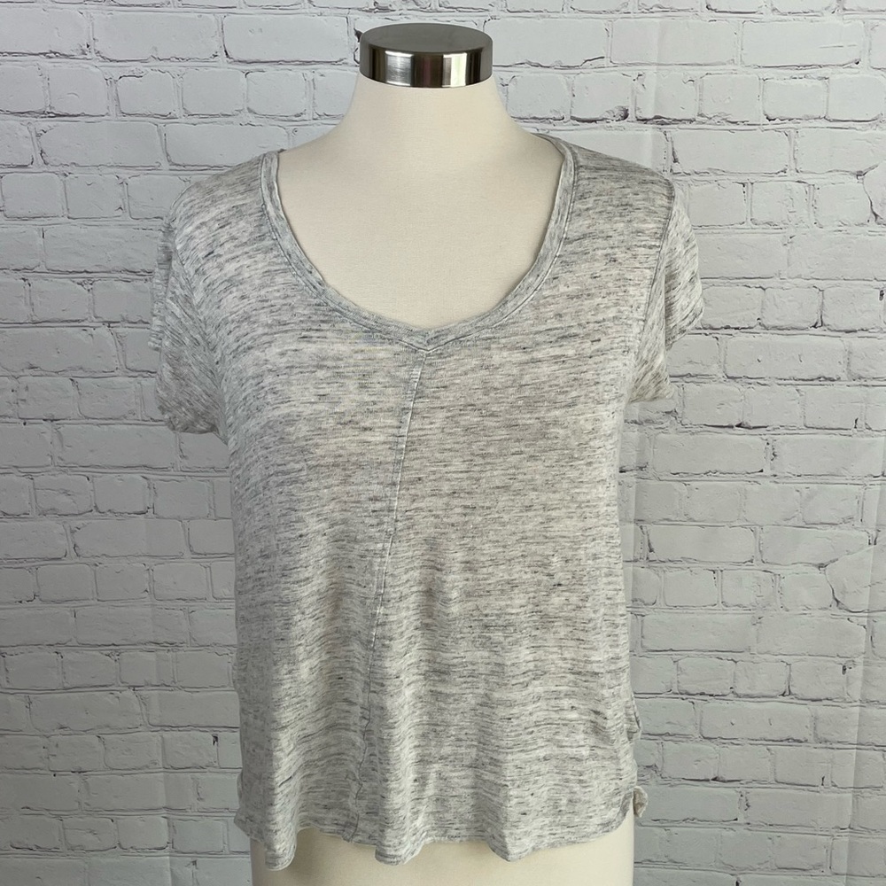 Tahari LARGE 100% Linen Lagenlook Top Heather Beige V-Neck Short Sleeve